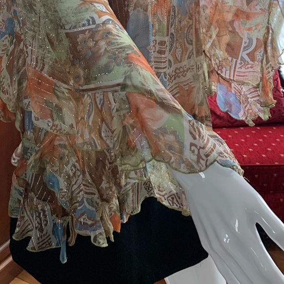 Boho style sheer tunic top ruffled loose sleeves brown orange blue flower US L - Picture 6 of 9